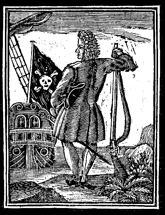 1725 woodcut of Stede Bonnet with a Jolly Roger in Charles Johnson